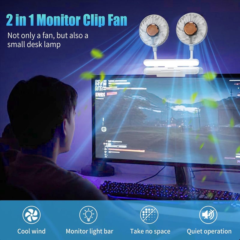 THRRLY Monitor Fan with LED Lights, USB Desktop Fan with 2 Rotatable Heads, 3 Speeds Desk Fans Small Quiet with Sturdy Adjustable Clamp, Strong Wind Office Personal Cooling Fans for Laptop, Desktop. - Image 2